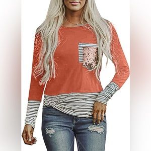 Women Fashion Printed Color Block Long Sleeve Tops Patch Pocket Shirt S-2XL